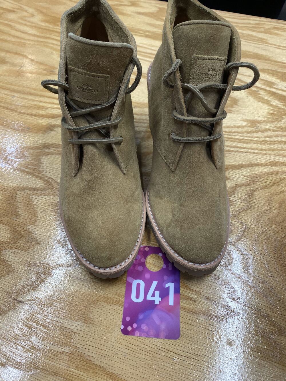 Coach New York Karson Wedge Boots Women's 6B Beige Suede Lace Up Ankle Booties